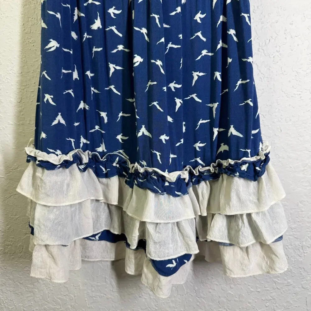 STELLA TWEED Dress Large Spaghetti Strap Drop Waist Ruffle Tiered Hem‎ Smocked